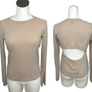 T Shirt Womens Large Ribbed Long Sleeves Cut Out Forever 21 Beige Tan